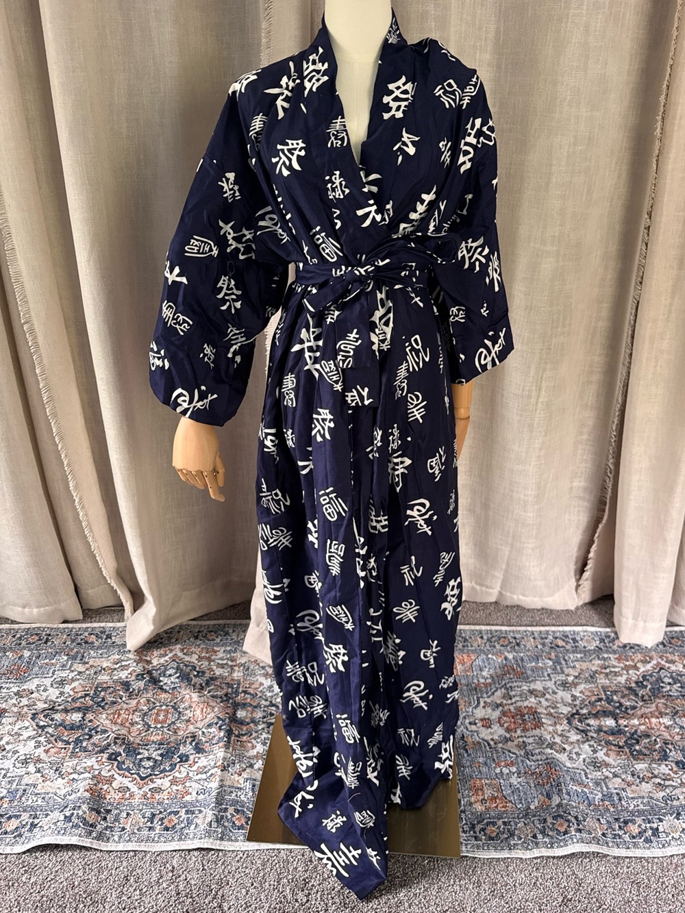 Navy blue Japanese print long cotton robe